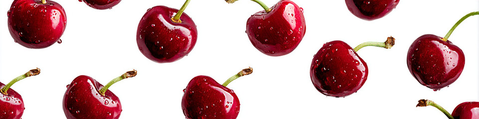 A vibrant display of fresh cherries scattered on a clean white background for food or health concepts