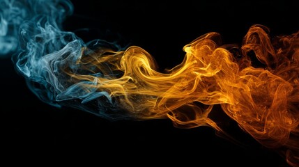 Abstract image of swirling blue and orange smoke trails colliding and merging against a dark background, creating dynamic shapes