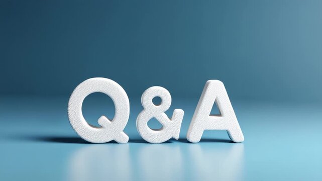 White textured q and a letters standing on a reflective blue surface while a spotlight moves across them, representing the concept of finding solutions, support, and information through inquiry