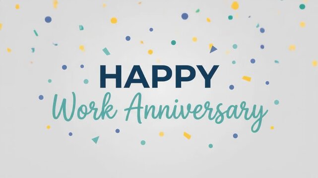 Happy Work Anniversary Celebration with Confetti and Festive Typography, "Happy Work Anniversary" Message with Colorful Dots and Shapes