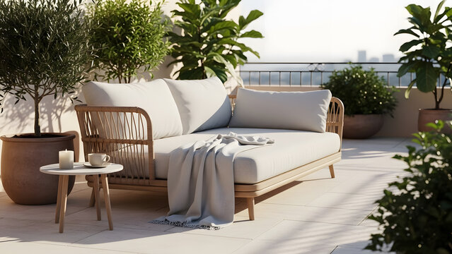 Modern wicker outdoor daybed with white cushions and a cozy blanket on a sunny urban terrace with potted olive trees