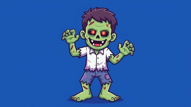Cartoon zombie boy with glowing red eyes, torn clothes, and stitches, isolated against a vibrant blue background for Halloween fun