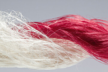 Red fiber white fiber synthetic closeup texture comparison forensic microscopic detail strand. Red and white synthetic fibers shown closeup highlighting texture and detail for forensic comparison