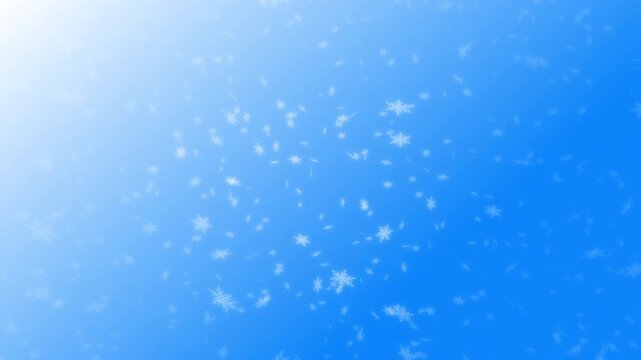 White snowflakes being lit up and falling down on blue gradient background. Abstract background for Merry Christmas, Happy Holidays, Season's greetings, Happy Valentine's day and winter season.
