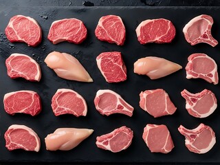 Assortment of fresh raw meats on a dark surface culinary presentation