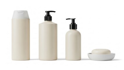 Cosmetic bottles and soap in minimal composition clean white background