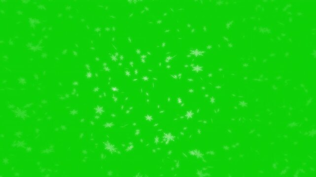 White snowflakes being lit up and falling down on green background. Abstract background for Merry Christmas, Happy Holidays, Season's greetings, Happy Valentine's day and winter season.