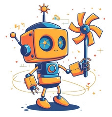 A cute orange and blue robot character holding a pinwheel toy isolated on transparent background