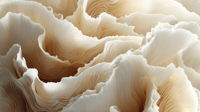 A close-up view of a unique abstract design resembling wavy beige and white layered patterns