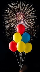 Celebratory Atmosphere with Balloons and Fireworks Display at Night