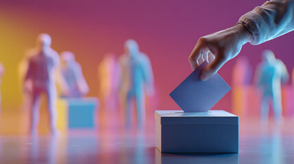 A hand casting a ballot into a box with blurred figures in the background voting