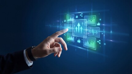 A businessman's hand interacting with a futuristic digital interface displaying various graphs and charts