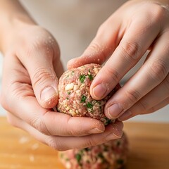 Chef shaping meatballs, culinary art, homemade food preparation expertise