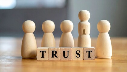 Trust concept with wooden figures standing on trust word blocks symbolizing reliability