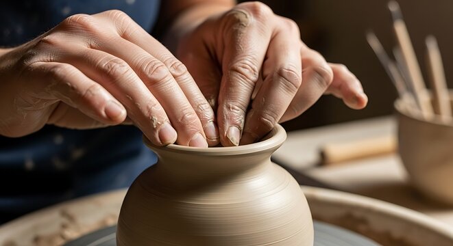 Artisan shaping clay pot on a spinning wheel in the ceramic workshop