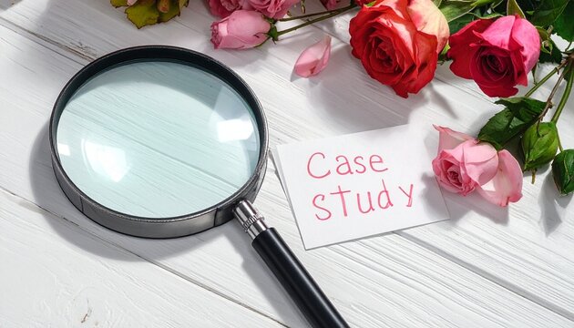 Case study concept with magnifying glass analyzing business data and strategy