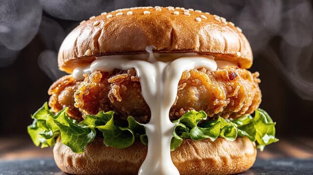 4K close-up shot fried chicken sandwich with lettuce and mayonnaise on wooden surface.
