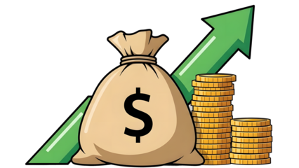 Positive economic concept vectors money sack, stack of coins, up arrow