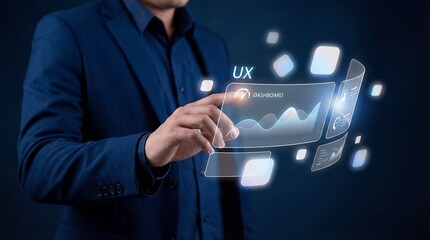 A businessman interacting with a futuristic user experience interface in a dark background