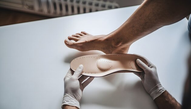Podiatrist holding custom foot orthotic to examine patient's foot for support