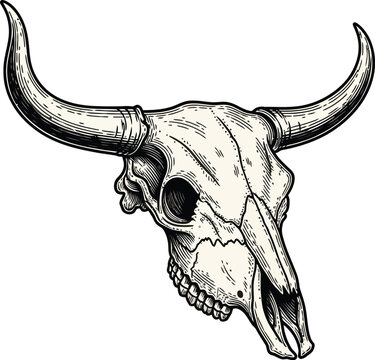 Side view bull skull illustration with curved horns, vintage rustic cow skull engraving, western desert animal bone sketch