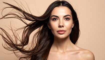 Fototapeta premium A portrait of a woman with long, flowing brown hair set against a neutral, beige backdrop. She's looking at the camera