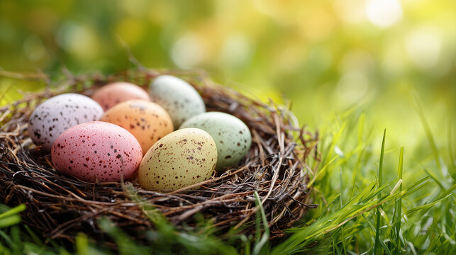 Bunte Ostereier liegen in einem Nest auf dem Rasen