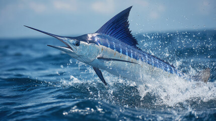 Fish jumps out of water in ocean with blue sky and sunlight above during daytime