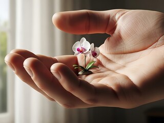 Delicate orchid in palm symbolizing nurture, care and plant propagation