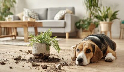 Dog lies by plant mess on floor in living room with sofa and decor in background
