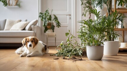 Dog resting on floor near a mess of plant leaves in living room