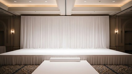 Elegant indoor event venue stage with white draped backdrop curtain