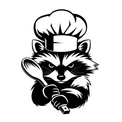 stylized raccoon face wearing chef hat, bold graphic animal illustration isolated on white background with cooking restaurant concept.