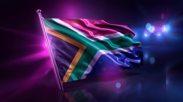 South African flag waving against a colorful background in a bright setting with lights