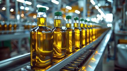 Tall, dark olive oil bottles moving on conveyor belt in modern factory production line.