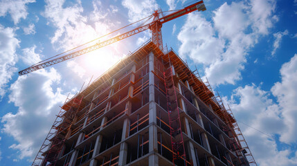 High-rise building under construction with cranes at large urban development site.