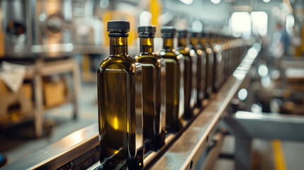 Tall, dark olive oil bottles moving on conveyor belt in modern factory production line.