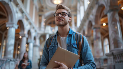Smiling male university student with backpack holding tablet in modern campus hallway.