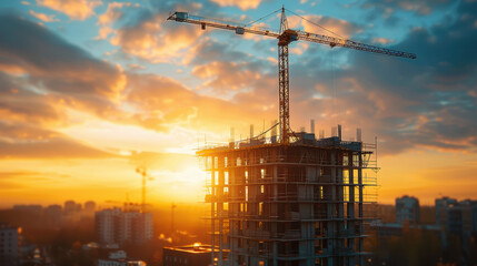 High-rise building under construction with cranes at large urban development site.