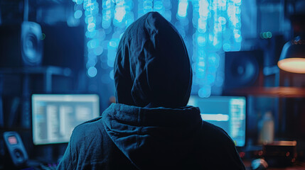 Anonymous Hacker Working on Computer in Dark Cybersecurity Environment