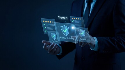 A businessman in a suit holds a collection of digital security badges and ratings in his hands.