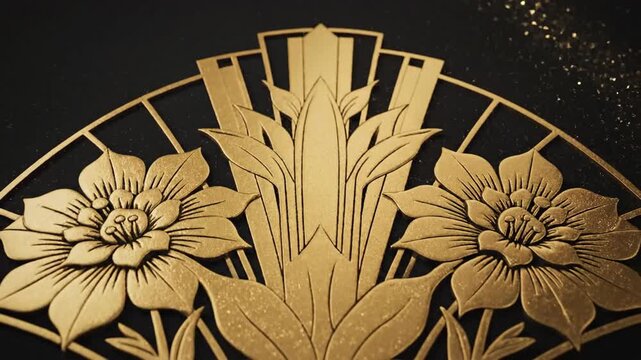 Gold floral motif against black, featuring layered petals and Art Deco styling with a subtle sparkle overlay