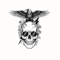 Obraz premium Skull and raven illustration with sunglasses and roses, vintage tattoo style engraving, gothic macabre art