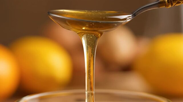 Close up of honey dripping from a spoon