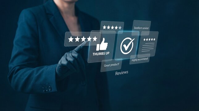 A businesswoman interacting with a digital interface displaying customer reviews and ratings. - Powered by Adobe