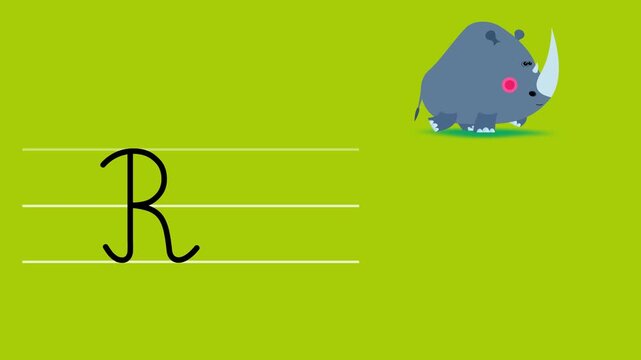 R letter writing like rhinoceros color cartoon animation. Handwriting educational style for children. Good for education movies, presentation, learning alphabet, etc...