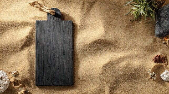 Flat lay image showing a black cutting board with beach elements on sand, top down