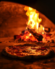 a close-up of a pizza baking inside a traditional wood-fired stone oven