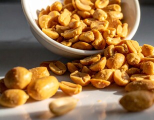 Fototapeta premium 화이트 볼에서 쏟아진 소금 볶은 땅콩 Salted Roasted Peanuts Spilling From White Bowl