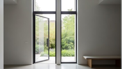 Fototapeta premium Minimalist interior design featuring an open door and a garden view